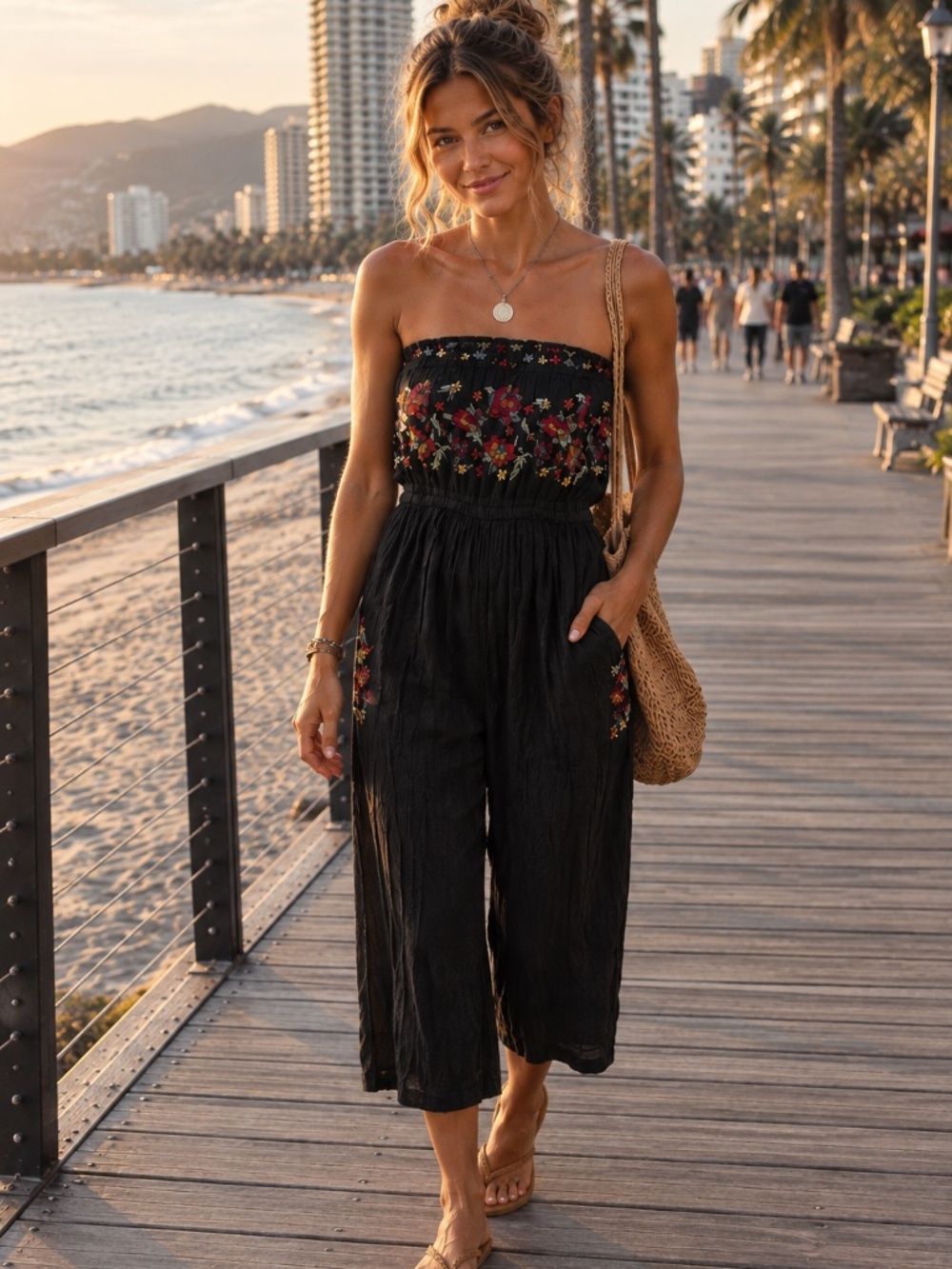 Strapless Floral Embroidered Capri Jumpsuit.